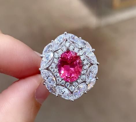 Sky Promise Ring, Cultivated Pink Sapphire, Cluster Halo — Rose Pink — image 1