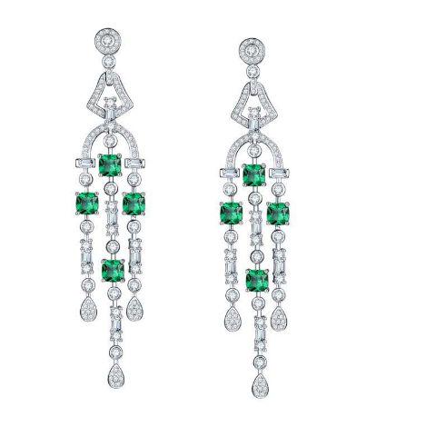 Gatsby Art Deco Chandelier Earrings, Cultivated Emerald, Three-Tier Drop — image 1